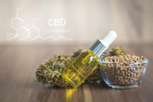A bottle of hemp oil, a small bowl of hemp seeds, and some balls of dried hemp leaves sitting on a table together with a diagram of the chemical composition of CBD Cannabidiol above them